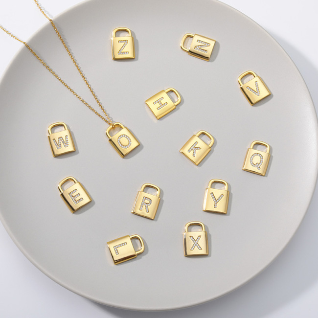 CZ8133 New CZ Micro Pave Letter Initial Lock Charm Pendants for Necklace