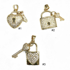 CZ8203 CZ Micro Pave Padlock and Key Charm Pendant, Cubic Zirconia Pave Lock and Key Pendant for Statement Necklace Component