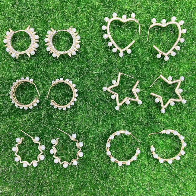 EP1009 Hot Sale Pearl Pave 18k Gold Plated Star Heart Circle C Geometric Hoop Earrings for Women Ladies