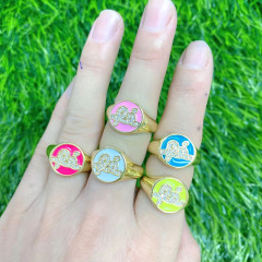 RM1333 Fashion18k Gold Plated Diamond Cubic Zirconia CZ Paved Initial Letter Fe Signet Enamel Rainbow Colorful Rings