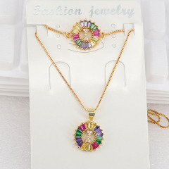 S11048 Bling Jewelry Rainbow Cubic Zirconia Alphabet Letter Pendant Necklaces and Bracelet A-Z Initial jewelry sets for Women