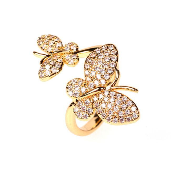 RM1130 Chic 18k Gold Plated Bling Crystal Butterfly Finger Rings for ladies,Diamond Zircon CZ Micro Paved Leaf Rings for  women