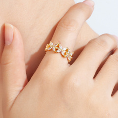 RM1180 Dainty Delicate  Minimalist Gold Plated Diamond CZ Micro Pave Leaf Toggle Cluster Double Stack Cocktail Rings for Ladies