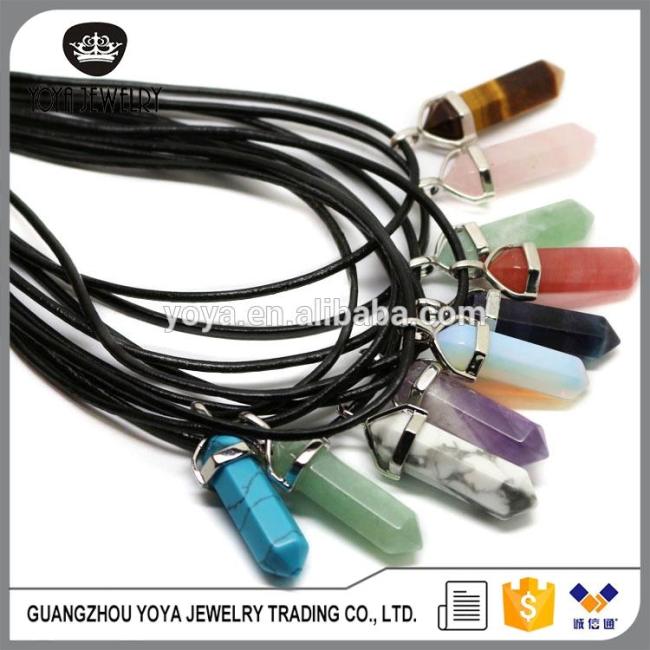 NE2318 Black leather cord chain choker with hexagonal crystal pendant,gemstone point pendant necklace