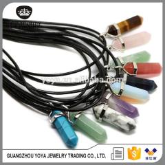 NE2318 Black leather cord chain choker with hexagonal crystal pendant,gemstone point pendant necklace
