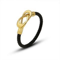 BS3115 Non Tarnish Boho Thick 18K Gold plated Stainless Steel Infinity Magnetic Clasp, Gold Knot Leather Bracelet