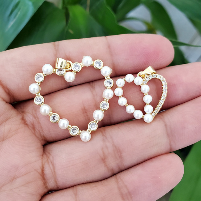 CZ8332 18K Gold Plated Pendant, Cubic Zirconia Pave Pearls Heart Love Charm Pendant,  Jewelry Making supply