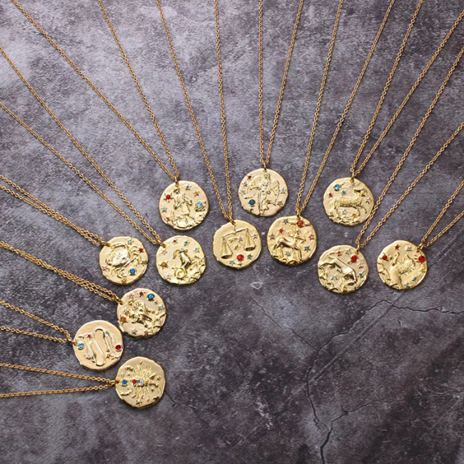 NZ1143 Star Constell Rainbow Gold Plated Brass CZ Micro Pave Horoscope Zodiac Sign Round Coin Disc Pendant Necklace