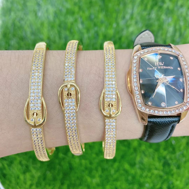 BC2035 Fashion 18K Gold Plated Brass Bracelet Zircon CZ Micro Pave Belt Buckle Link Chain Hand Cuff Chain Bangle Bracelets
