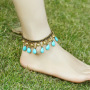 AS1002 High Quality Non Tarnish Brass Beaded Turquoise Teardrop Brass Bell Dangle Charm Ankle Bracelet Anklets for Ladies Women