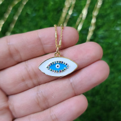 NZ1242 New Chic Dainty Gold Enamel CZ Paved Freshwater Pearl Greek Evil Eye Pendant Chain Protection Necklace for Ladies Women