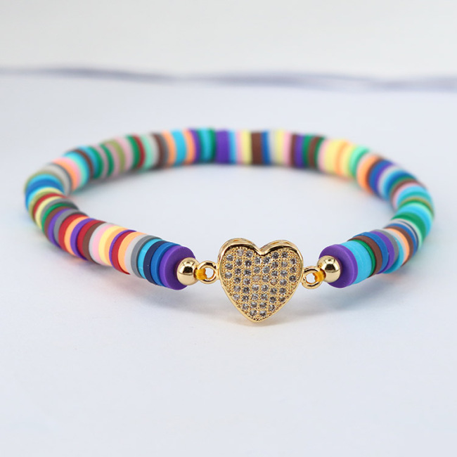 BC1260 Rainbow Polymer Clay Disc Heishi beaded Zircon CZ Micro Pave Heart Cross Charm Bracelet
