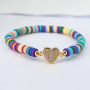 BC1260 Rainbow Polymer Clay Disc Heishi beaded Zircon CZ Micro Pave Heart Cross Charm Bracelet