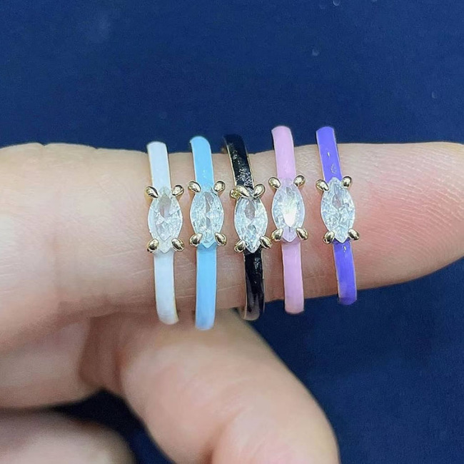 RM1209 Chic Dainty Mini Simple Rainbow Enamel Bling Crystal Gold Plated Oval Eye Diamond CZ Bezel Rings for Women Ladies