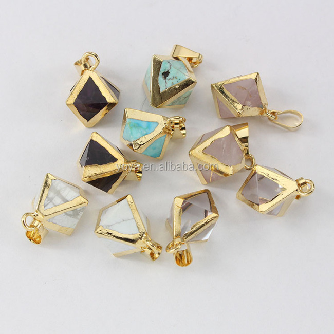JF6910 Gold plated Crystal Quartz cubic stone bicone pendant,Octahedron Gemstone Pendant,8 sides Geometrical gemstone pendant