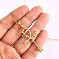 NZ1093 CZ micro pave Elegant Ankh Cross Chain necklace, Gold Ankh Cross Pendant Necklace