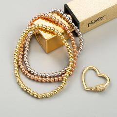 BC1279 Gold Plated CZ Carabiner Rose Gold Silver 3 Stack Set Beaded Ball Bracelet Stack Joined by Gold CZ Carabiner Clasp