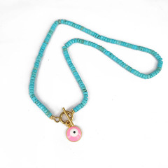 NN1140 Fashion Natural Turquoise Stone Heishi Beaded Gold Plated Stainless Steel Toggle Clasp Enamel Evil Eye Choker Necklace