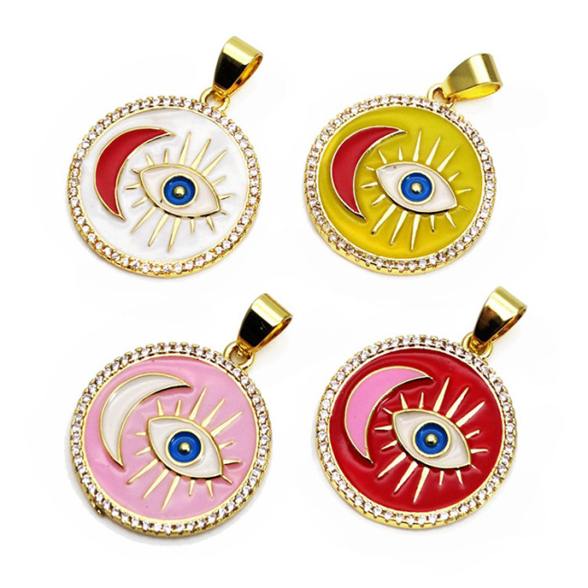 CZ8454 Rainbow Enamel Multicolor CZ Zircon Micro Pave Evil Eyes and Moon on Disc Round Charm Pendant for Necklace Jewelry Making