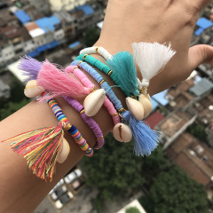 BE1002 summer season trending polymer clay disc beaded shell products handmade tassels bohemia bracelet women