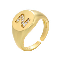 RM1230 18K gold plated brass metal Delicate Diamond Cubic Zirconia Paved Letter Alphabet Initial Adjustable Finger Rings