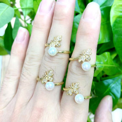 RM1303 Gold Silver Plated Minimalist Micro Pave CZ Insect Butterfly Dragonfly Bee Bird Animal and Pearl Open Rings