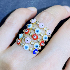 RM1082 Hot Selling Chic Colorful Enamel Pastel Rainbow Cubic Zirconia CZ Micro Pave Evil Eyes Rings for Ladies Women