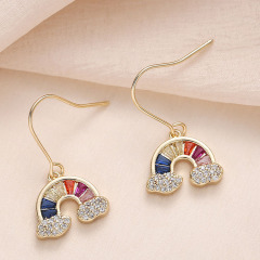 EC1740 Small Womens 18k Gold Plated CZ Micro Paved Rhinestone Rainbow Dangle Charm Stud Earrings for Women Girls