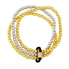 BC1373 Gold CZ Carabiner Gold Silver Triple 3 Stack Set Beaded Ball Bracelet Stack Joined by Gold CZ Enamel Carabiner Clasp