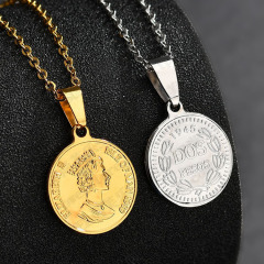 NS1123  Trendy Christian Jewelry Steel Elizabeth Coin Pendant Necklace,Stainless Steel Gold Plated Circle women Necklace