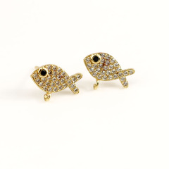 EC1244 Earring Findings Gold CZ Micro Pave Fish Heart Eye Cross Star Skull Stud Earring Post with Connector Open Ring Loop
