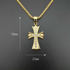 NS1144 hiphop 18K gold plated stainless steel box chain necklace, charm stainless steel CZ cross pendant men necklace