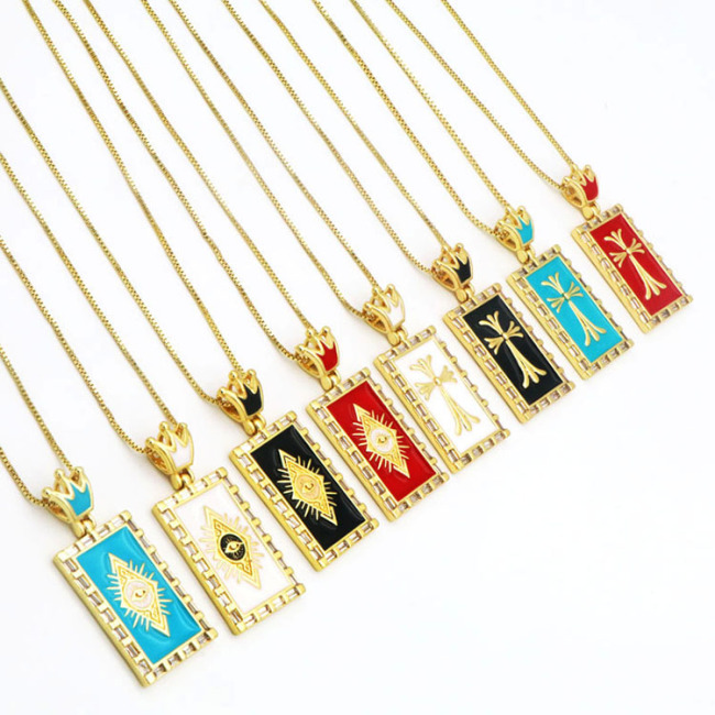 NZ1270 18K Gold Plated CZ Paved Enamel Rainbow Evil Eyes Cross Tarot Pendant Chain Necklace