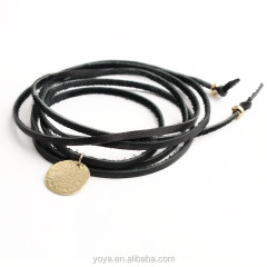 NE2452 Hot sale genuine real leather wrapped layeringchoker necklace with gold hammered textured disc charm
