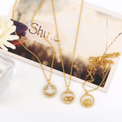 NZ1184 Gold plated Chic Cubic Zirconia CZ Micro Pave Mother of pearl Inlay Moon Kids Smiley Face Round Pendant Chain Necklace