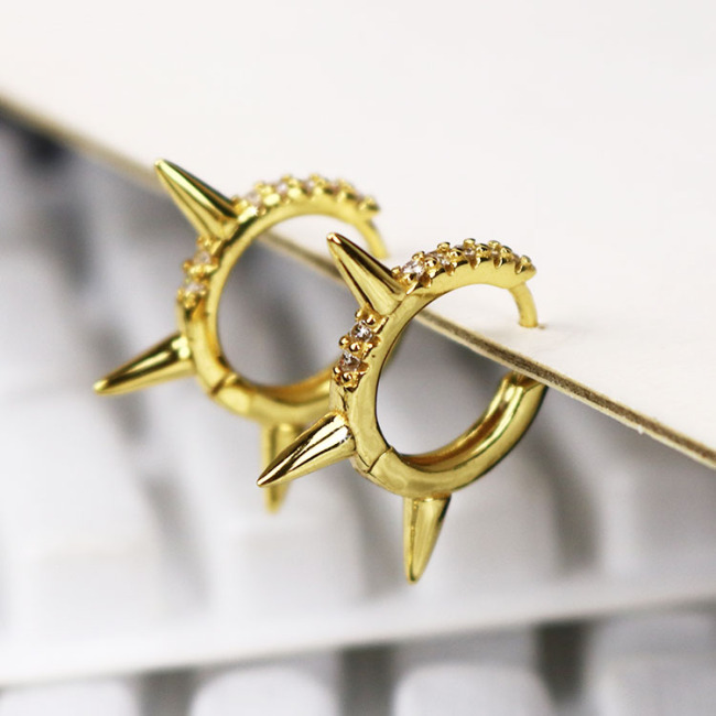 EC1611 Popular Chic Dainty Gold Zircon CZ Micro Hoops with Spike Charm Huggie Earring