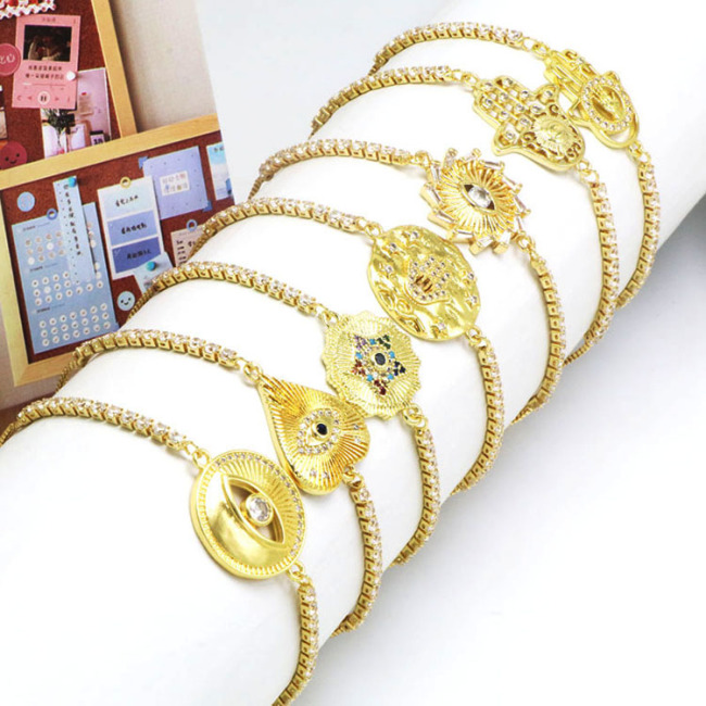 BC1384 Delicate  gold Fatima Hand bracelet,adjustable CZ Hamsa hand Slider Tennis Link bracelet