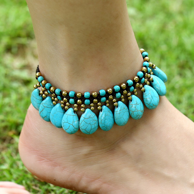Handmade Turquoise & Non Tarnish Brass Beaded Anklets Jewelry, Boho Bohemian Beach Jewery Ankle Bracelet  for Girls Women