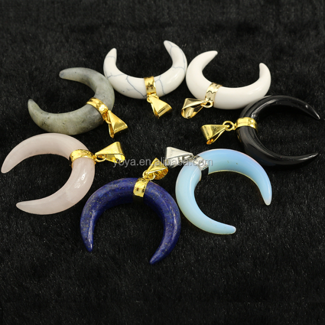 JF7086 Hot sale stone crescent pendant,moon pendants with gold bail