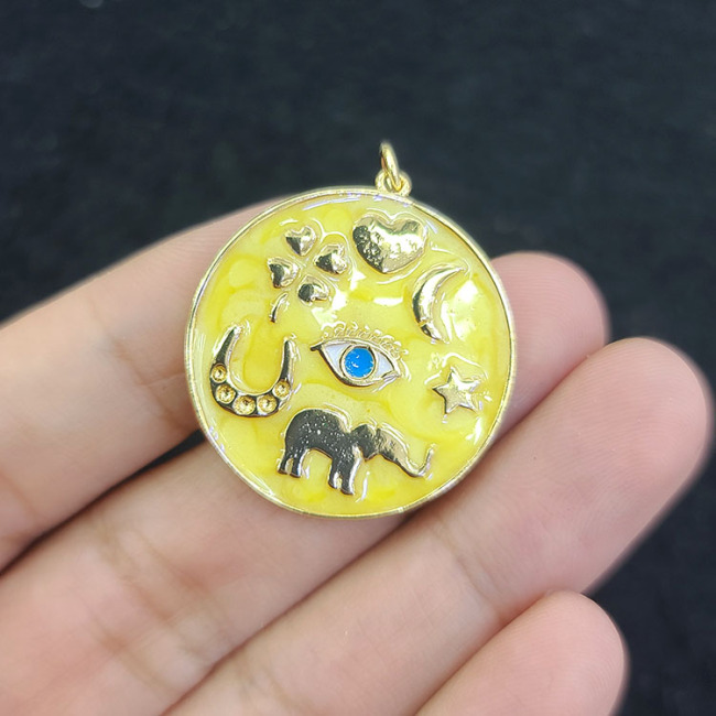 JS1607 2021 Big Large gold plated Enamel Rainbow Multicolor Heart Horseshoe Elephant evil eyes star Assroted Charm Disc pendants