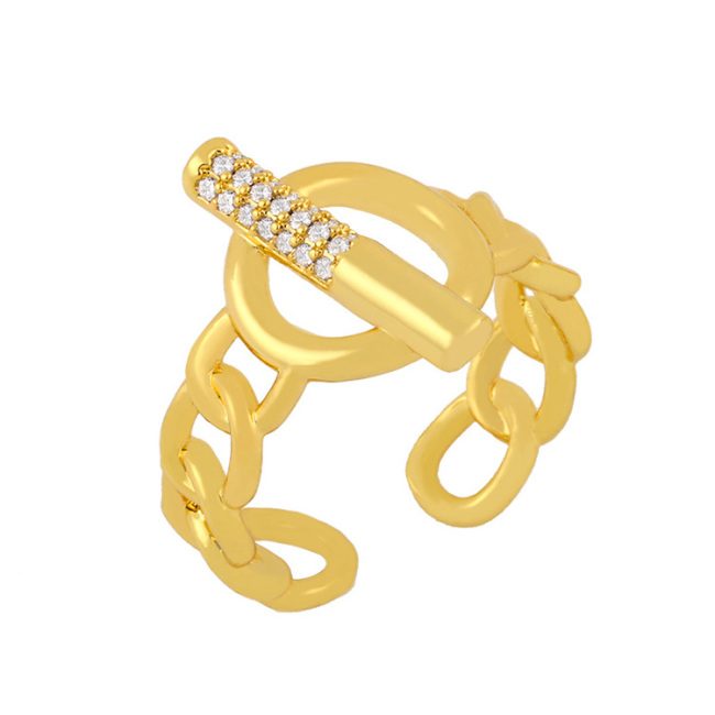 RM1183 New Dainty Gold Plated Diamond CZ Micro Pave Toggle Curb Cuban Chain Zipper Oval Double Stack Cocktail Rings
