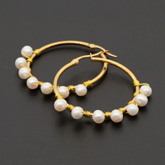 EP1007 high quality  trendy pearl wire wrapped stainless steel hoop earring ,fashion freshwater pearl ladies earring