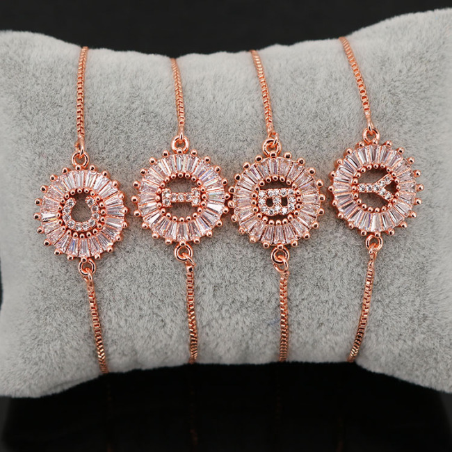 BC1163 Fashion design Wholesale Bling Crystal Rose gold plated Micro Pave Cz Initial Letter Charm Bracelet with Slide Chain