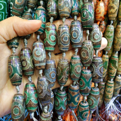 AB0562 Wholesale Green and Brown Dzi Eye tibetan tibet agate drum barrel beads