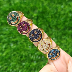 RM1288 New 18K Gold Plated Crystal CZ Micro Pave Smile Happy Face Smiley Emoji Open Thick Band Rings For Women Ladies
