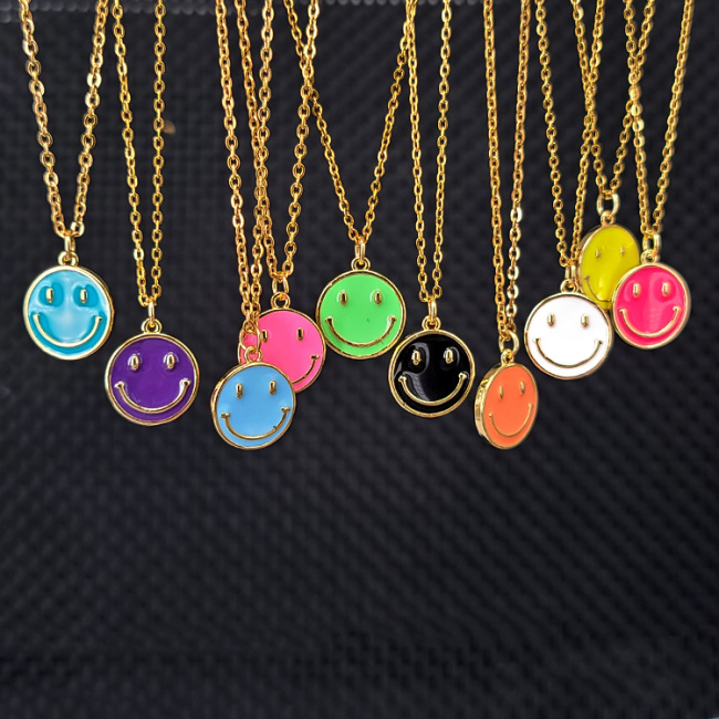 NM1055 2021 Fashion Popular Jewelry Gold Plated Enamel Smile Happy Face Smiley Pendant Stainless Steel Chain Necklace Jewelry