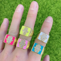 RM1207 Hot Selling Enamel 18k Gold Plated Hamsa Hand Square Adjustable Rings for Ladies