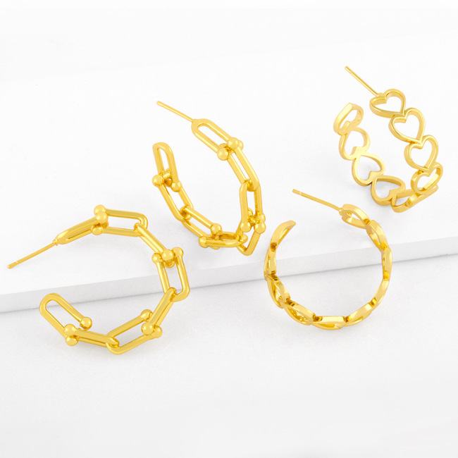 EM1211 2021 Womans Fashion 18K Gold Plated Smiley Emoji Happy Face U link Chain Heart Hoops Earrings