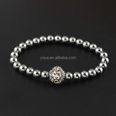 BRA1262 Fashion Silver Plated Hematite Beaded Lion Face Head Bracelet