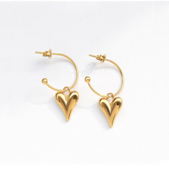ES1102 Non Tarnish Trendy Gold Plated Stainless Steel Stainless Steel Heart Dangle Charm Huggies  Earrings